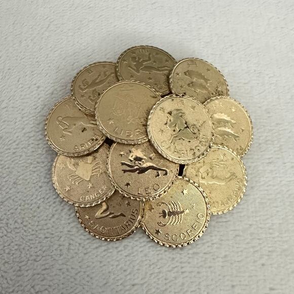 Vintage Zodiac Sign Medallion Coin Cluster Gold Tone Brooch - Picture 1 of 5
